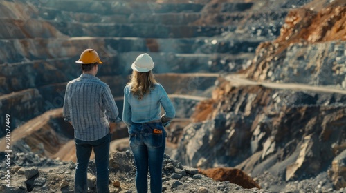Two engineers in hard hats looking at a large open pit mine
