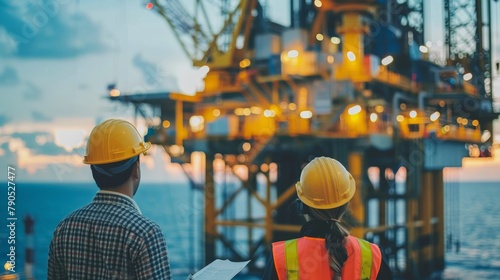 Two engineers in hard hats looking at an offshore oil rig.