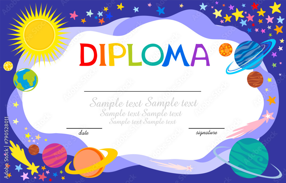 Сosmos with stars and planets. Education preschool concept. Certificate kids diploma, kindergarten template layout space background.Template for Certificate kids diploma. Appreciation certificate.