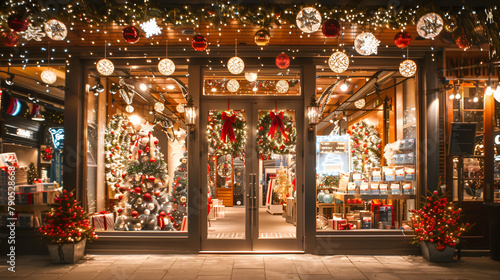 A front-facing perspective capturing a bustling retail storefront adorned with festive decorations, announcing exclusive limited-time offers and savings galore to celebrate the season photo