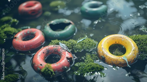 Colorful rubber rings float pond water photo