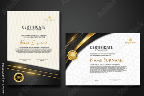 Luxury certificate template with glitter effect dan lines gold shine on frame background