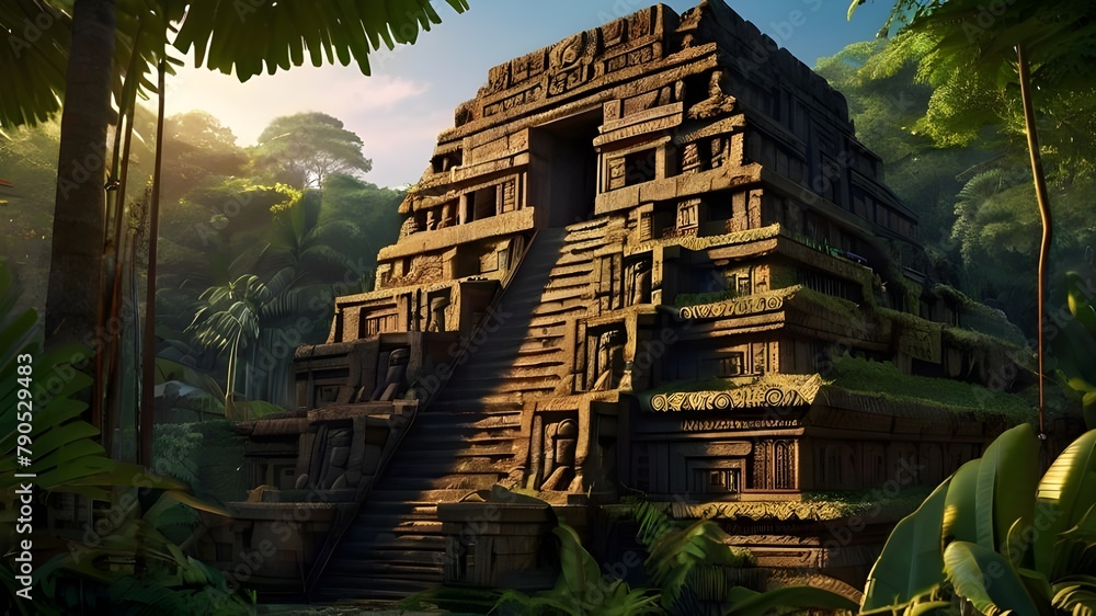 ai generated realistic beautiful ancient temple hidden in a forest with intricate carvings and surrounded by dense foliage and magnificent ancient buildings