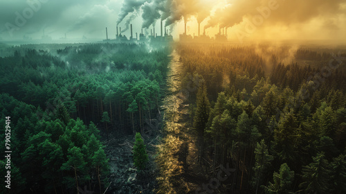Stark aerial contrast between lush forest and deforested area with distant smokestacks, visually associating tree loss with climate change drivers