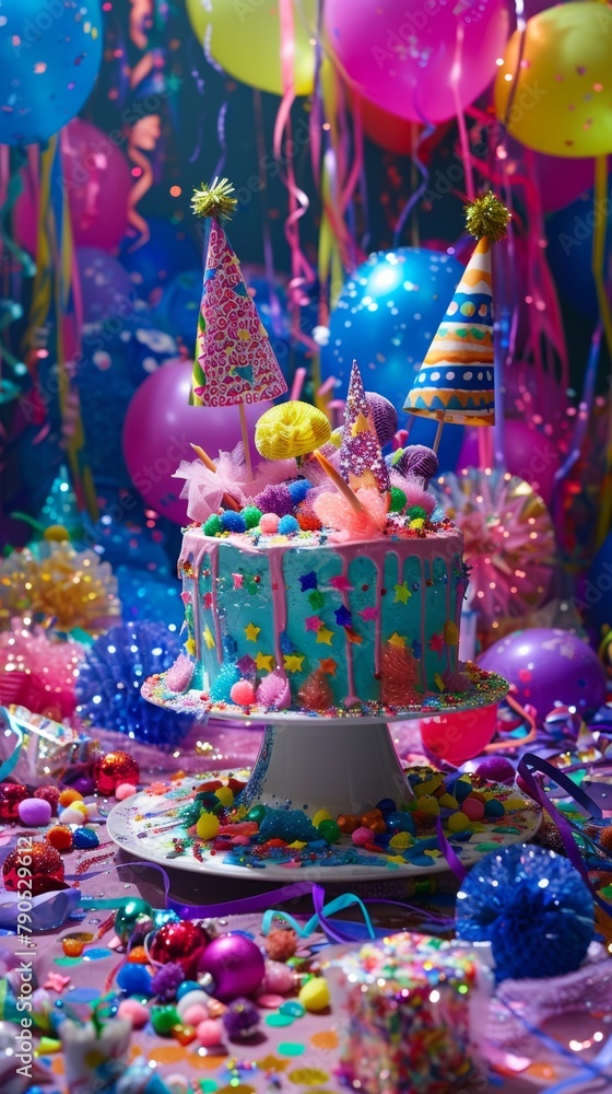 Brightly colored birthday cake surrounded by balloons and confetti. Holiday background. Vertical background. 