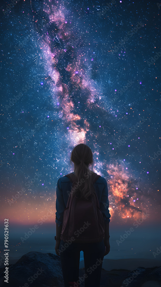 a girl looking to the sky and see the galaxy