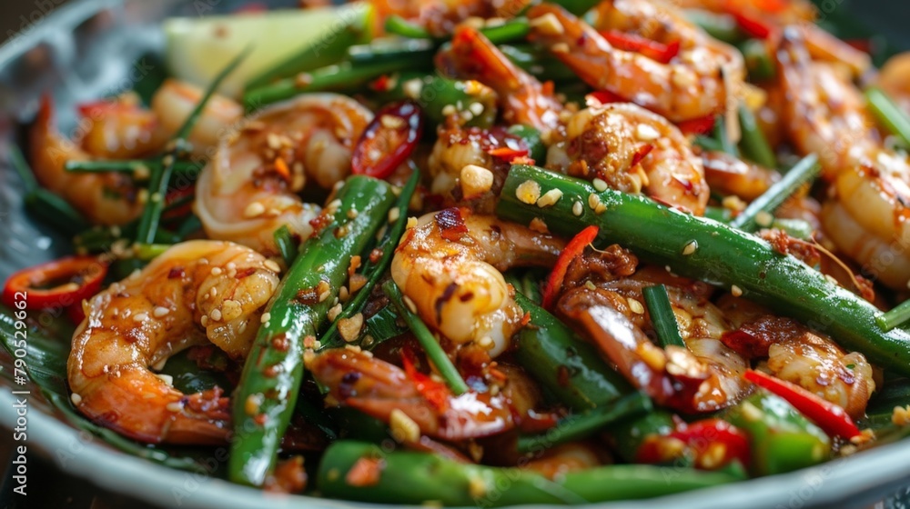 Plate of shrimp and green beans Plate of shrimp and green beans