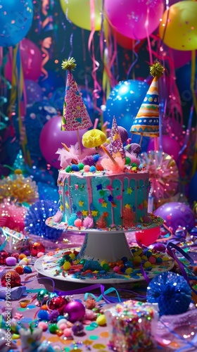 Brightly colored birthday cake surrounded by balloons and confetti. Holiday background. Vertical background. 