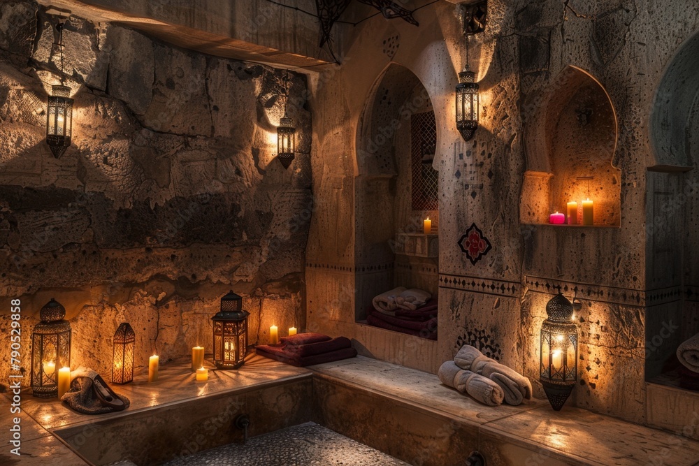 Candles are lit in a stone walled room with a stone bench. Hammam background. 