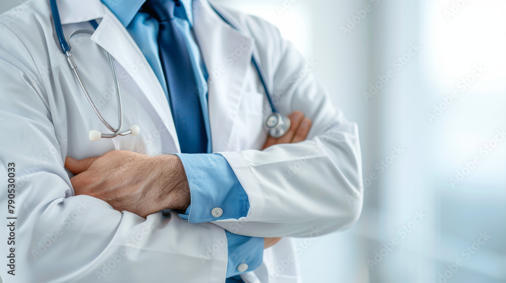Close-up of a doctor in a lab coat with a stethoscope, portraying professionalism and trust in healthcare.
Close-up of a doctor in a lab coat with a stethoscope, portraying professionalism and trust in healthcare.