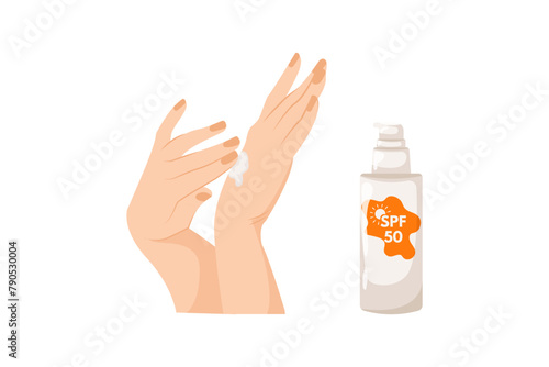 Women's hands apply tanning mousse. Sunscreen moisturizer, sunscreen, sunblock, skin protection and blocking ultraviolet rays. Vector illustration