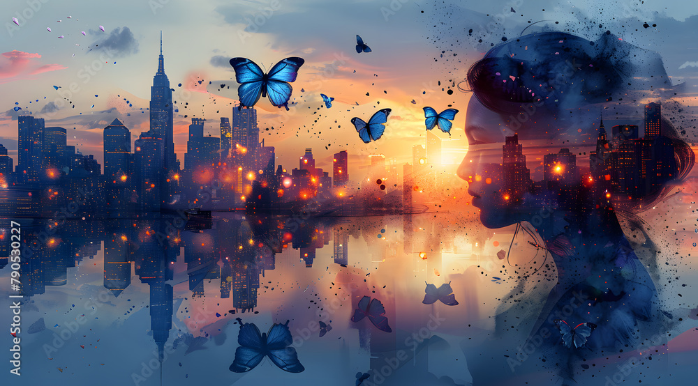 Cityscape Wings: Watercolor Sunset Scene with Interactive AR Butterflies
