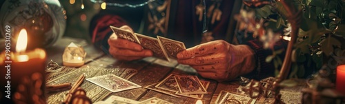 Someone is playing cards with candles and candles on a table. Fortune teller concept banner. 