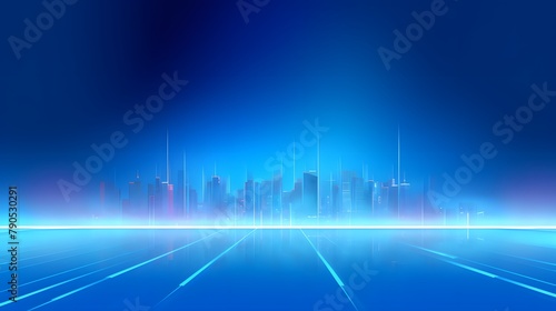 Blue technology background  light blue gradient background with digital lines and city lights in the bottom corner  flat design style with simple line composition  high resolution  bright colors