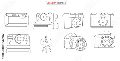 Vector linear camera. Photo artist hand drawing on black background. Continuous line art or One one-line drawing of a camera linear style and Hand drawn vector illustrations, Cinema and movie line ico