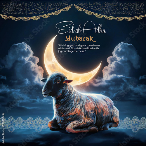 Eid Al Adha Mubarak for the celebration of the Muslim community festival Eid Al Adha. Greeting card with sacrificial sheep photo