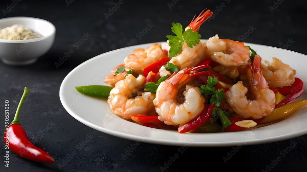 A healthy meal choice: shrimp and veggies on a white plate A healthy meal choice: shrimp and veggies on a white plate