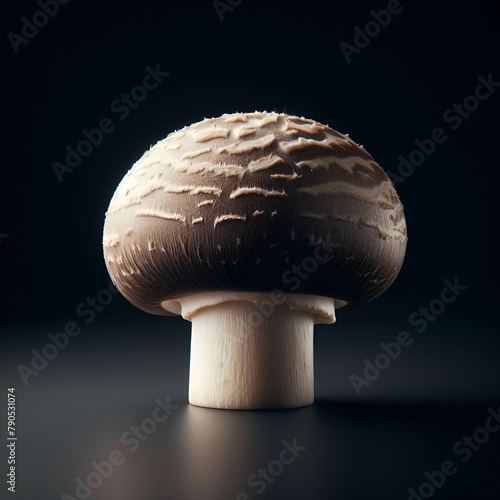 A mushroom sitting on black surface with dark background photo