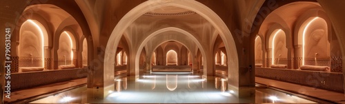 Long pool in a building with arches and benches. Hammam background . Banner