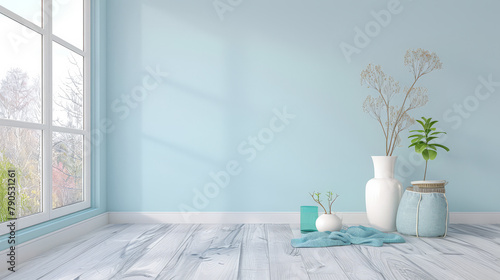 Serene interiors with natural light and modern decor. Minimalist interior design composition in light blue and neutral colors.