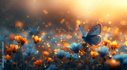 Dusk s Dance  Watercolor Portrait of Blue Butterflies Amidst Evening s Tranquility