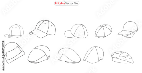 Set big collection baseball cap outline drawing vector, baseball cap in a sketch style, baseball cap trainers template outline, vector Illustration.
