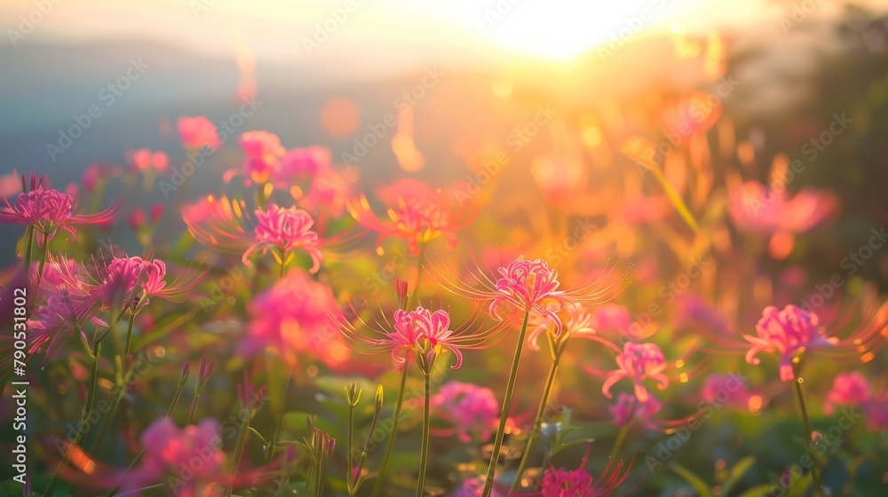 Field of flowers with golden sunset