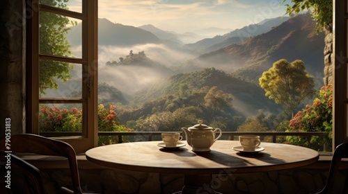 A cup of hot black coffee was placed on the table by the window and the front view was of mountains and beautiful morning mist. © CStock