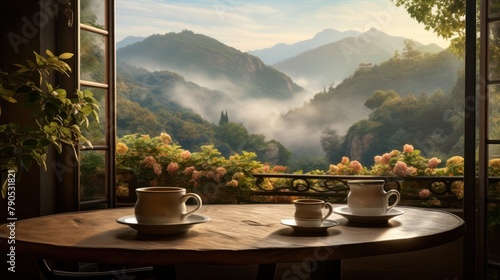 A cup of hot black coffee was placed on the table by the window and the front view was of mountains and beautiful morning mist. photo