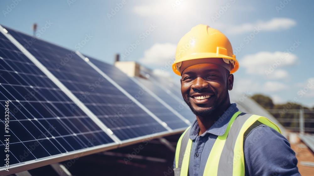 American engineer or worker smiling at solar panel,Male engineers play a crucial role in the solar energy industry, American engineer or worker smiling at solar panel,Male engineers play a crucial role in the solar energy industry,