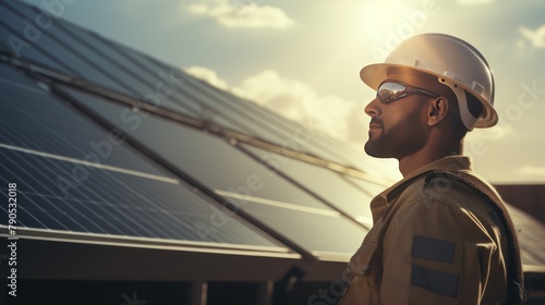 Architect inspecting solar panels, worker with ssolar panels farm,industry of renewable energy photo