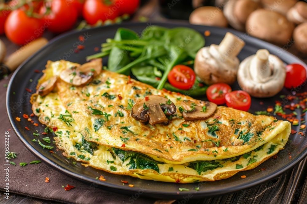 A mushroom and spinach omelette served for breakfast A mushroom and spinach omelette served for breakfast