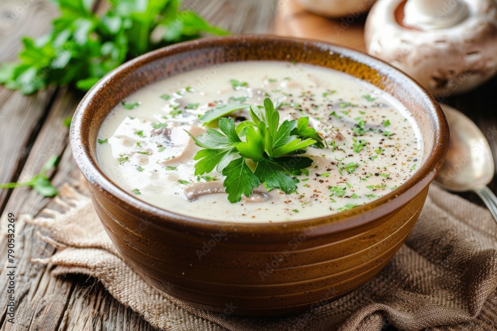 Mushroom soup garnished with herbs in ceramic bowl Mushroom soup garnished with herbs in ceramic bowl