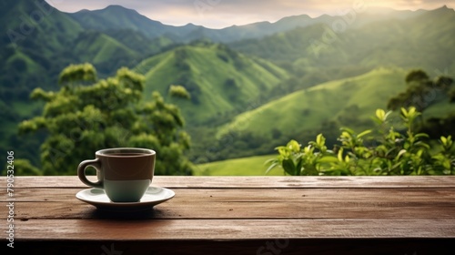  a coffee cup resting on a wooden table ,Drinks with beautiful landscapes, coffee with mountains