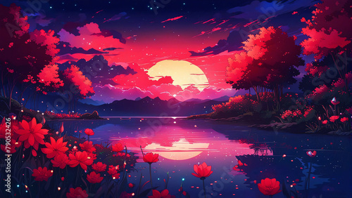 Landscape with lake surrounded by red flowers during sunset.	 #790532426