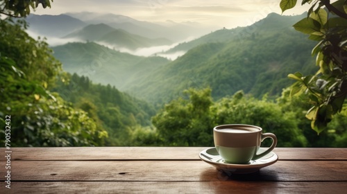  a coffee cup resting on a wooden table ,Drinks with beautiful landscapes, coffee with mountains