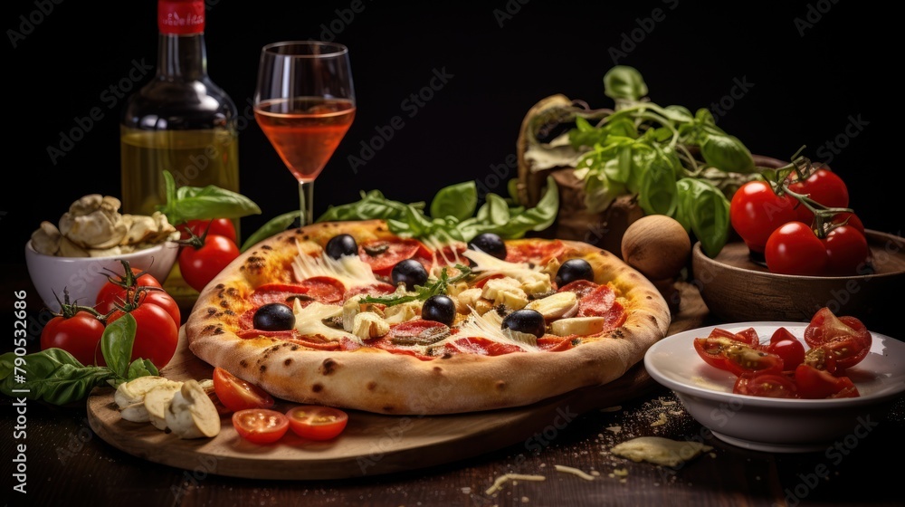 a gourmet pizza with fresh tomatoes, basil, and melted cheese on a plate,Italian food concept a gourmet pizza with fresh tomatoes, basil, and melted cheese on a plate,Italian food concept