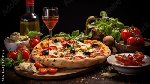 a gourmet pizza with fresh tomatoes, basil, and melted cheese on a plate,Italian food concept
