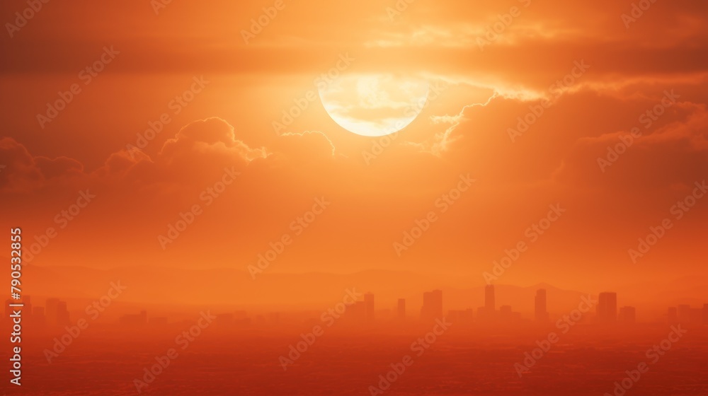 Fototapeta premium Heatwave hot sun. ,The sun or hot sun, Orange and red hues fill the sky as the sun dips below the city skyline at dusk,