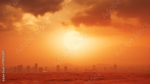 Heatwave hot sun. ,The sun or hot sun,
Orange and red hues fill the sky as the sun dips below the city skyline at dusk,