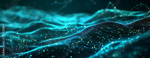 Abstract digital background with glowing blue dots and dark green lines forming an abstract wave pattern. Futuristic technology concept