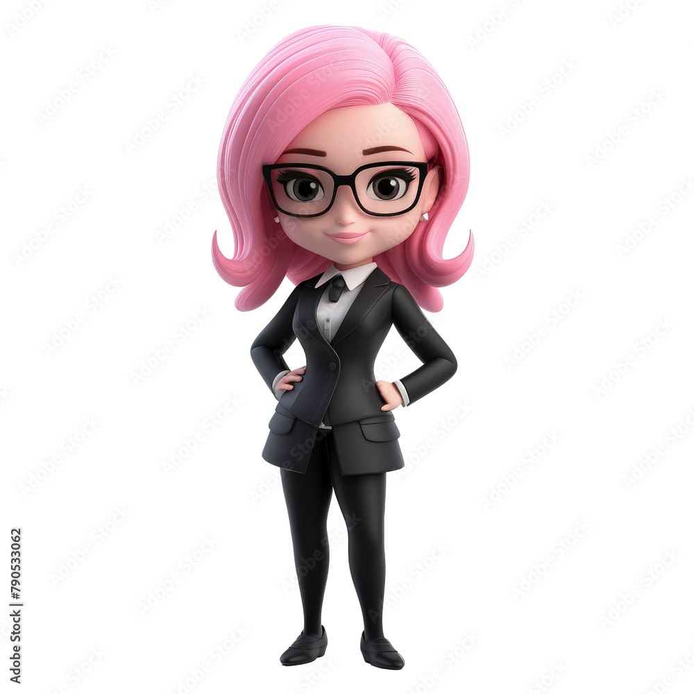 Business woman or attractive female 3d character on transparent background. woman with arms crossed, wearing glasses, Pink hair and dark black suit Business woman or attractive female 3d character on transparent background. woman with arms crossed, wearing glasses, Pink hair and dark black suit