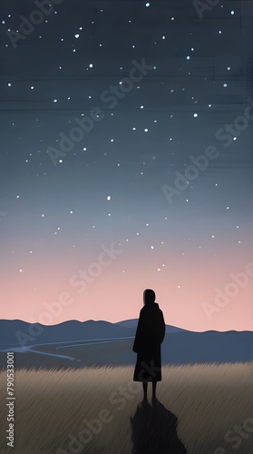 Silhouetted figures of a man and woman stand together on a beach under the moon and stars, surrounded by the peaceful glow of twilight