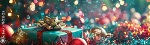Brightly colored christmas lights are shining brightly behind a gift box. Banner photo