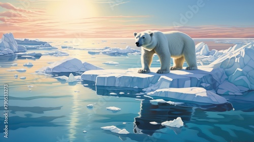 Polar bear in icy Arctic habitat,The ice at the poles is melting.