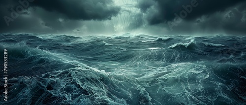 Panoramic view of a turbulent ocean during a tempest, wide shot of wild waves and storm clouds