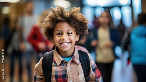 Fototapeta Naklejka Na Ścianę i Meble -  cute students running at school,Happy child exploring city streets at night with people around