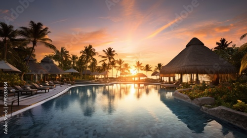 Sunset by the beach with palm trees silhouetted against the orange sky, creating a tropical paradise vibe