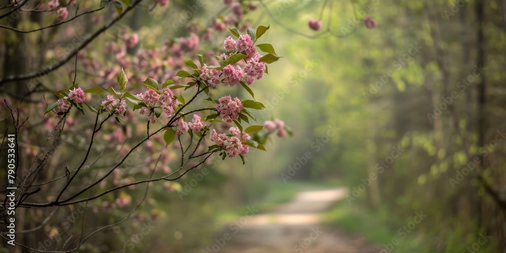 Spring blossoms on branches with a blurred forest pathway Spring blossoms on branches with a blurred forest pathway