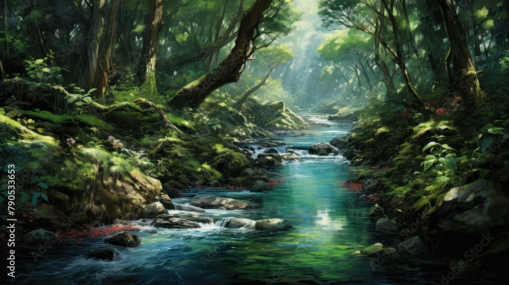 Beautiful landscape of a river in a lush green forest.